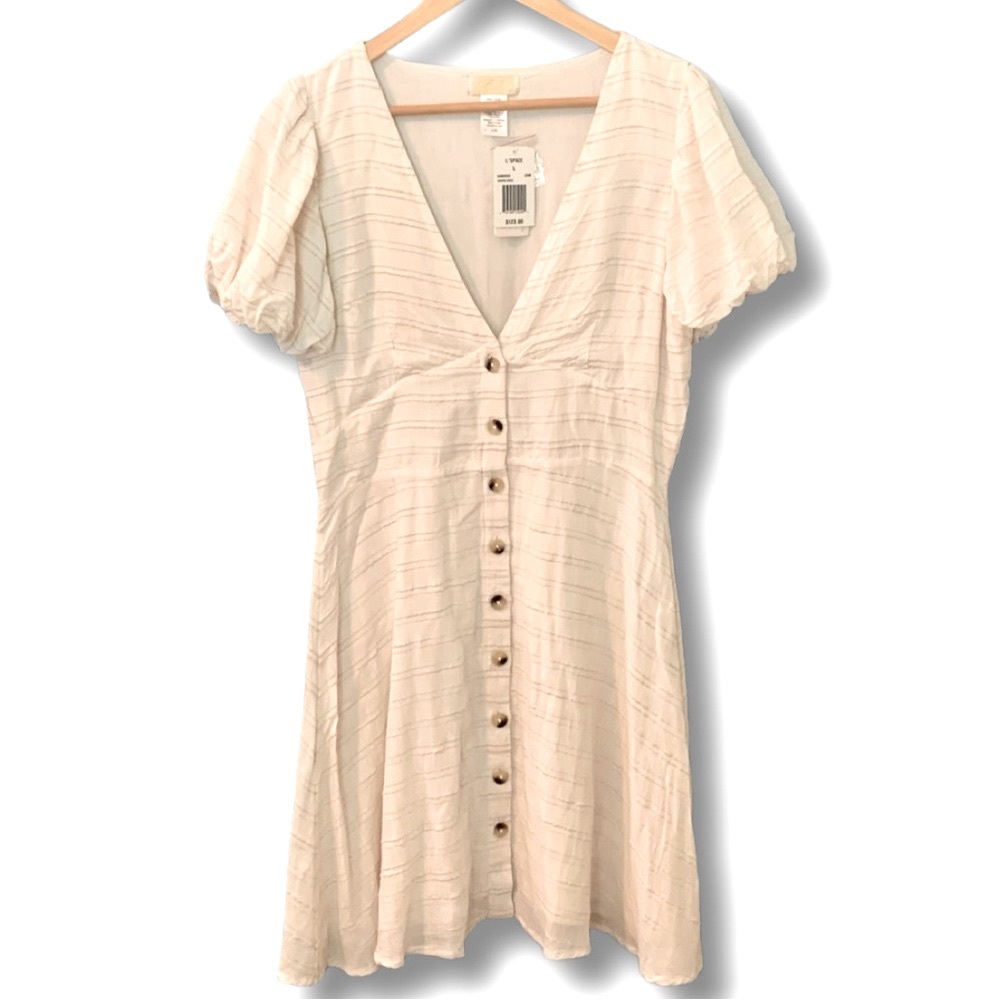 L-space White Button Down Dress with Puff Sleeves